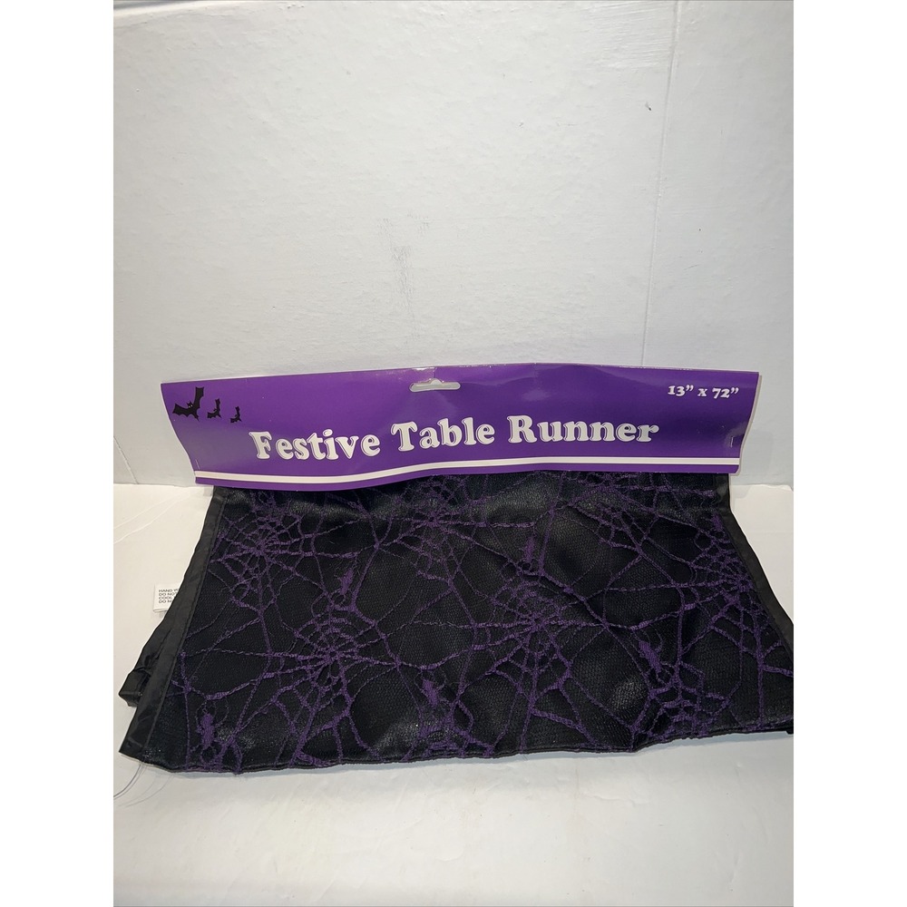 Festive Halloween Table Runner Purple Spiderweb Lace Black 13x72 Sun Point Co